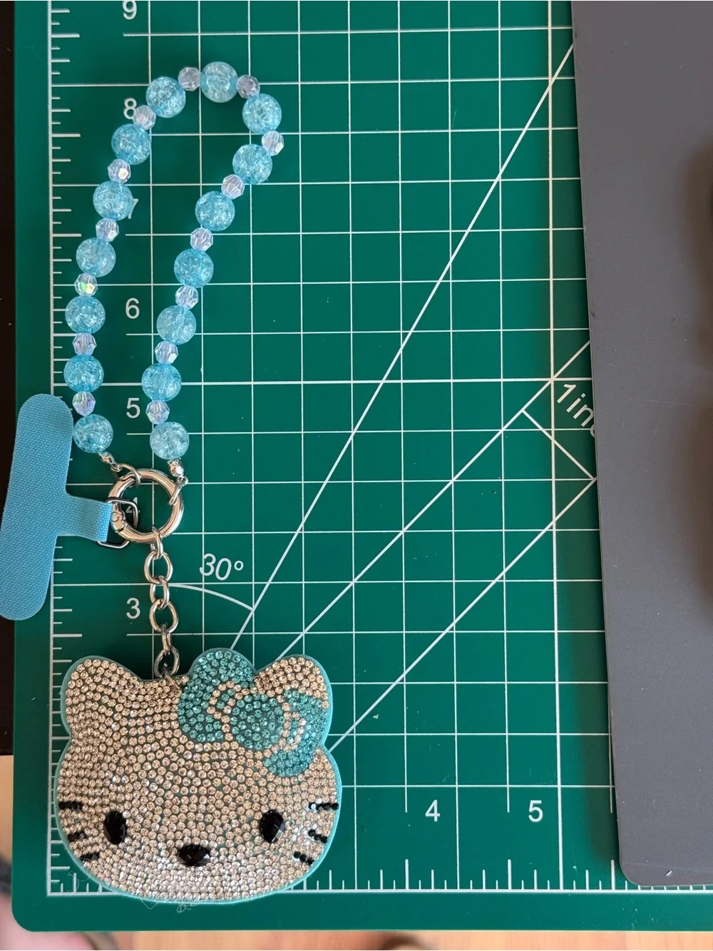 Rhinestone HK Kitty Cartoon Face Phone Charm Wristlet Strap - Light Blue NWOT